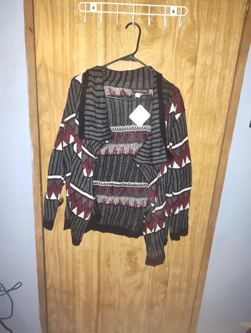 A Knitch Above Gray and Burgundy Patterned Open-Front Cardigan